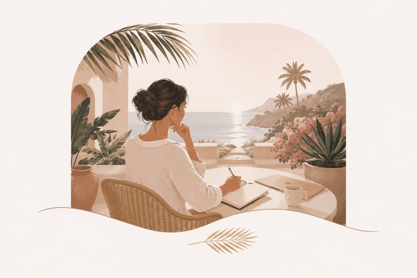 Illustration of a woman journaling on a seaside terrace at sunset