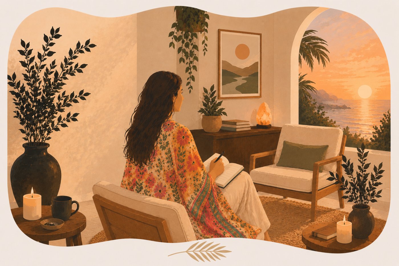 Illustration of a woman journaling in a warmly lit living room overlooking the ocean