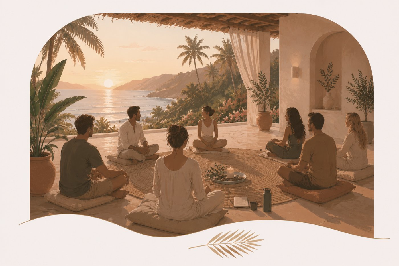 Illustration of a group meditation circle on an oceanview terrace at sunset