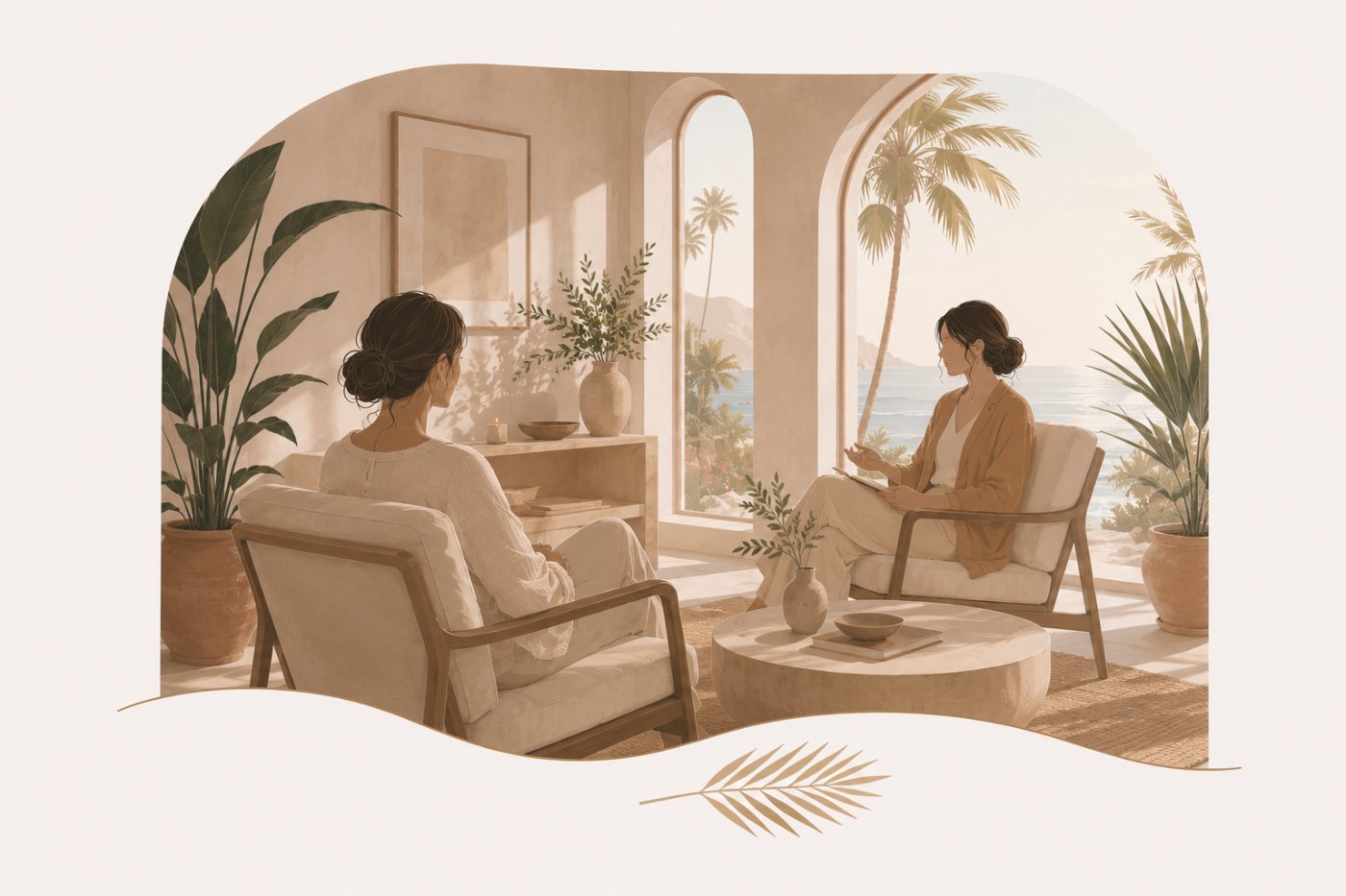 Illustration of a therapy session in a bright room overlooking the ocean